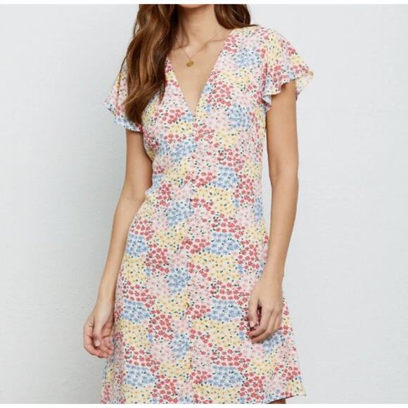 RAILS Helena Flower Meadow Dress MED Floral Button Front V-Neck Feminine Pastel - Picture 1 of 16